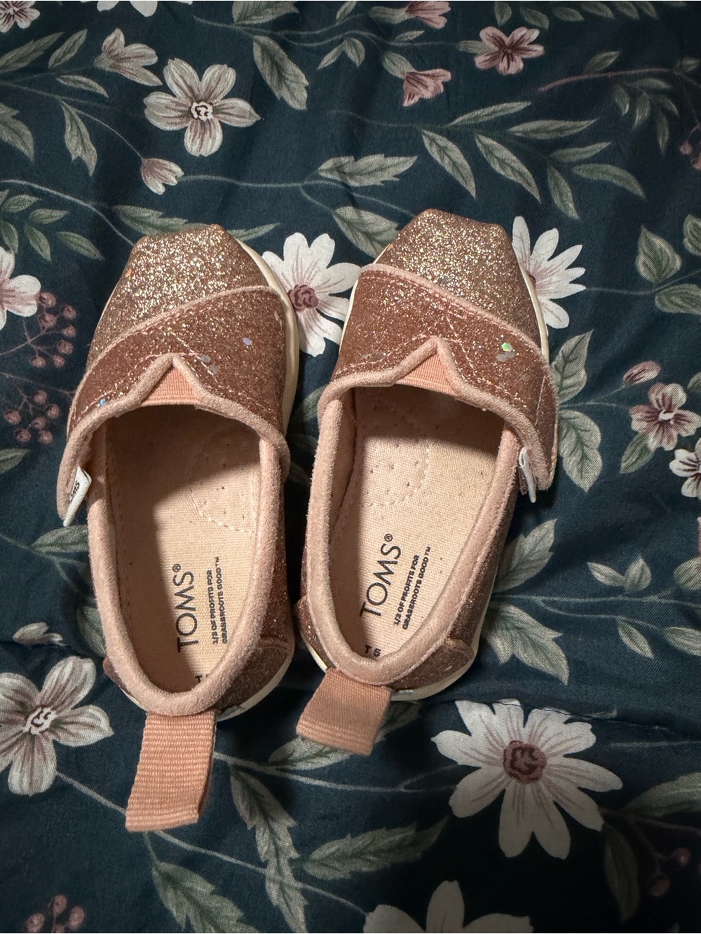 TOMS Kids Glitter Slip-On Shoes in Rose Gold Sparkle